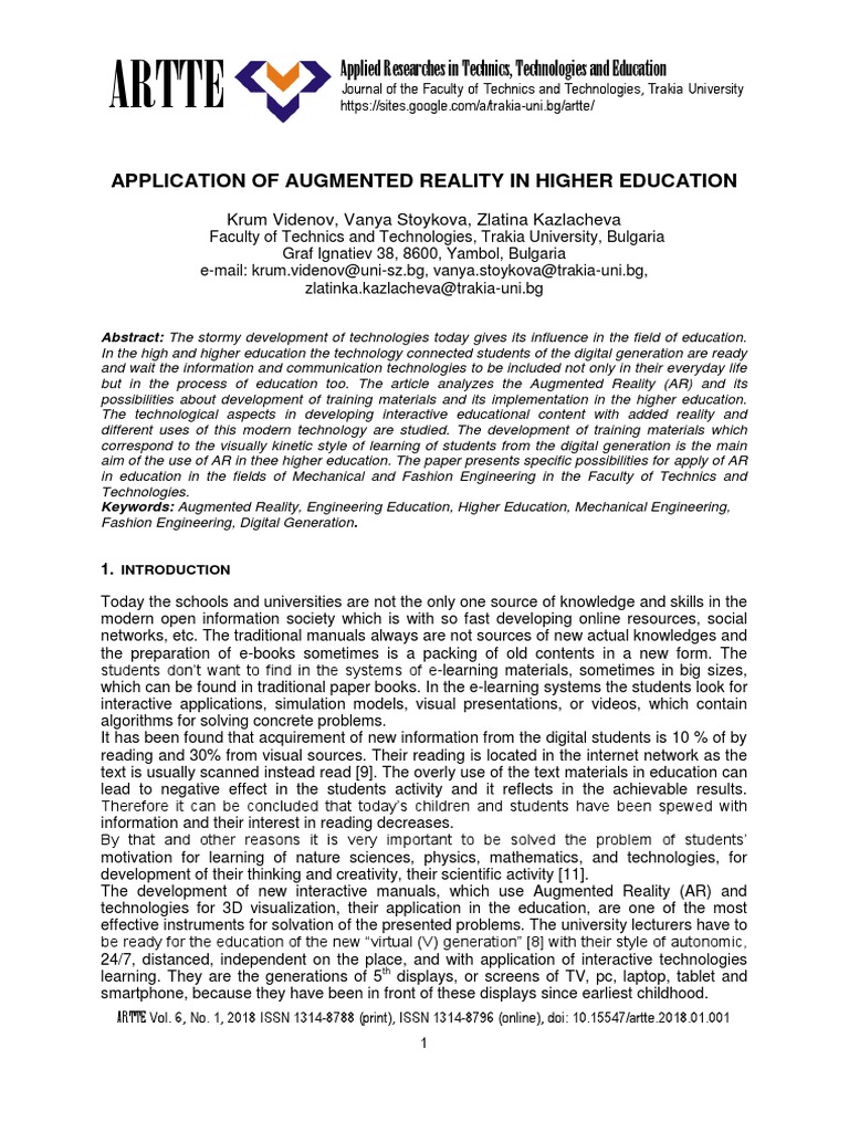 Application Of Augmented Reality In High Pdf Pdf Augmented Reality