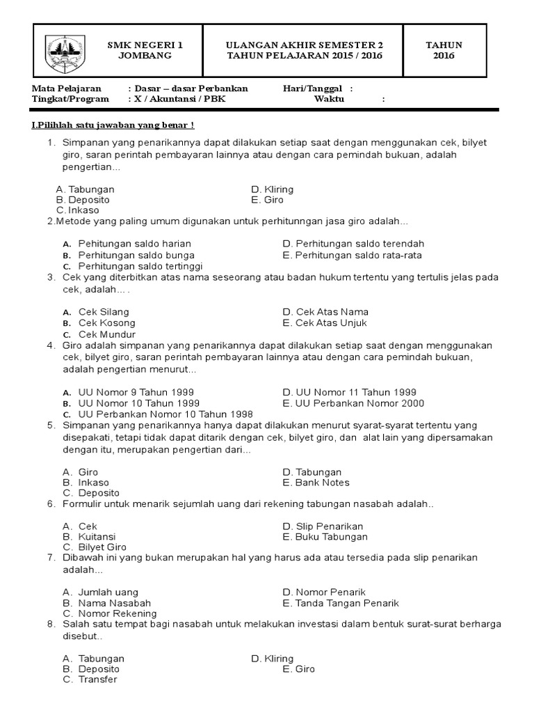 Contoh Soal Dasar Dasar Perbankan Dan Jawabannya