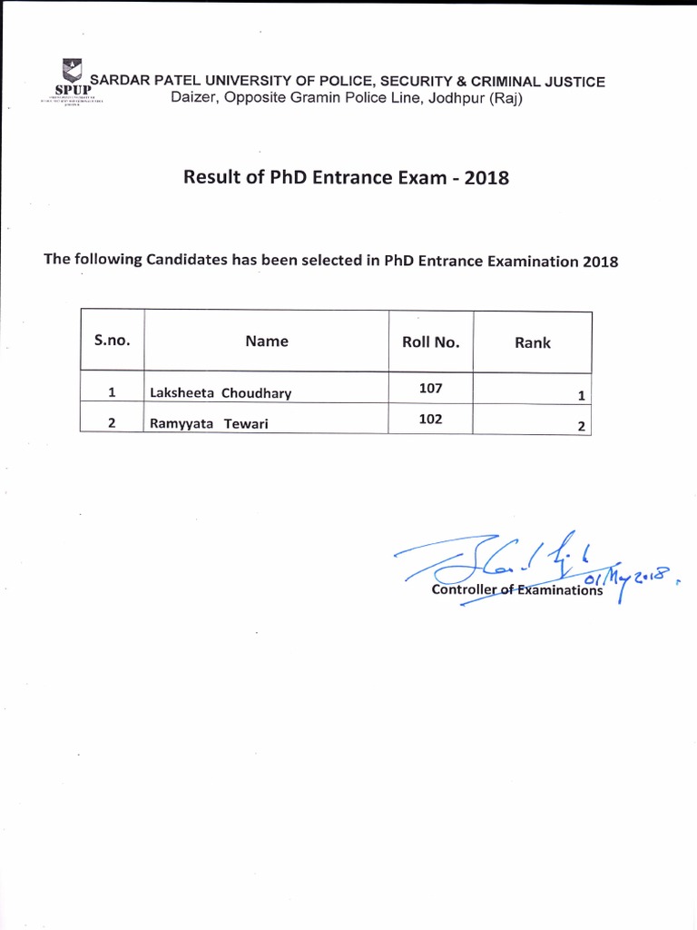 Phd Result Pdf