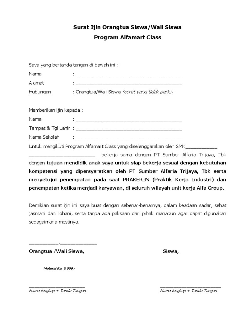 Contoh Surat Izin Orang Tua Untuk Kerja Di Alfamart