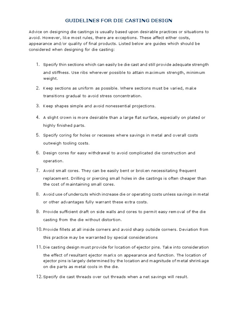 Die Casting Guidelines PDF Casting (Metalworking) Alloy