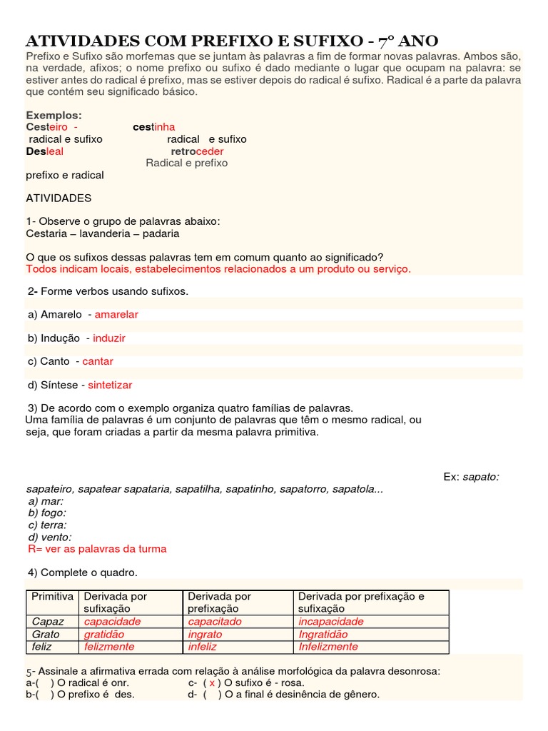 Atividades Com Prefixo e Sufixo
