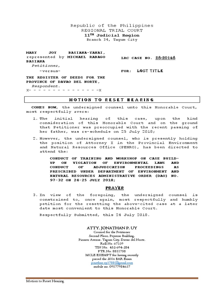 Motion to Reset Hearing Sample Justice Crime & Violence