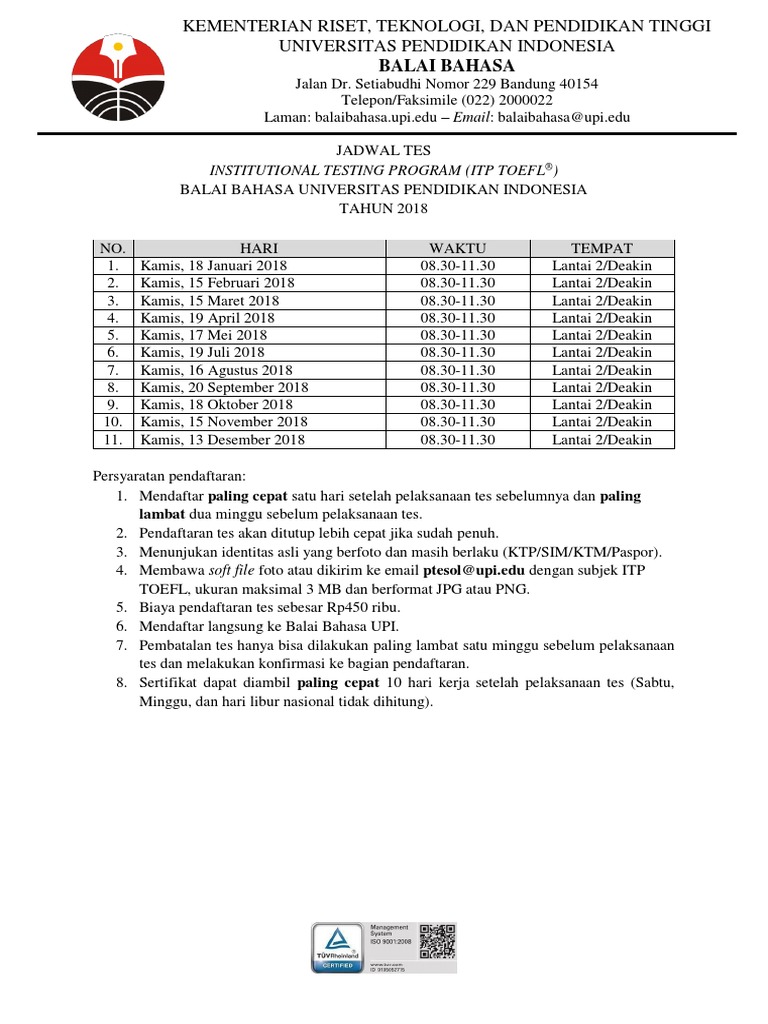 Jadwal Tes Itp Toefl 2018 Upi