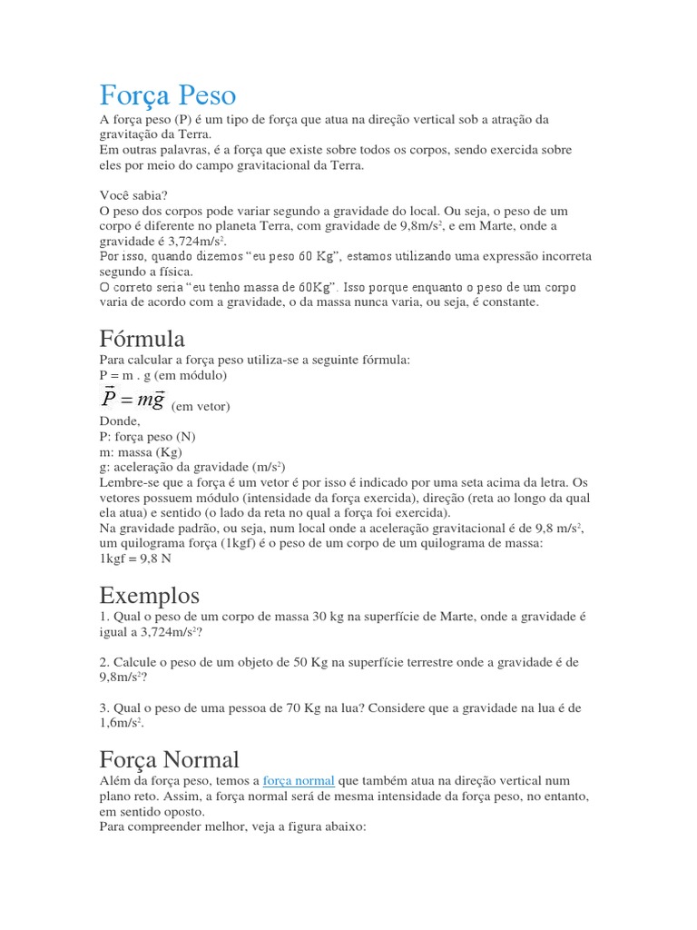 Força Peso e Vetores - Exercicios | PDF | Vetor euclidiano | Gravidade