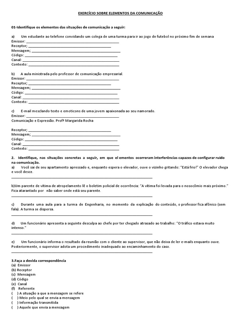 Exercícios sobre Elementos da Comunicação | PDF | Comunicação | Informação