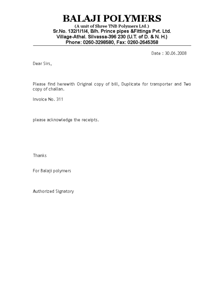 Balaji Polymers Invoice Acknowledgment | PDF