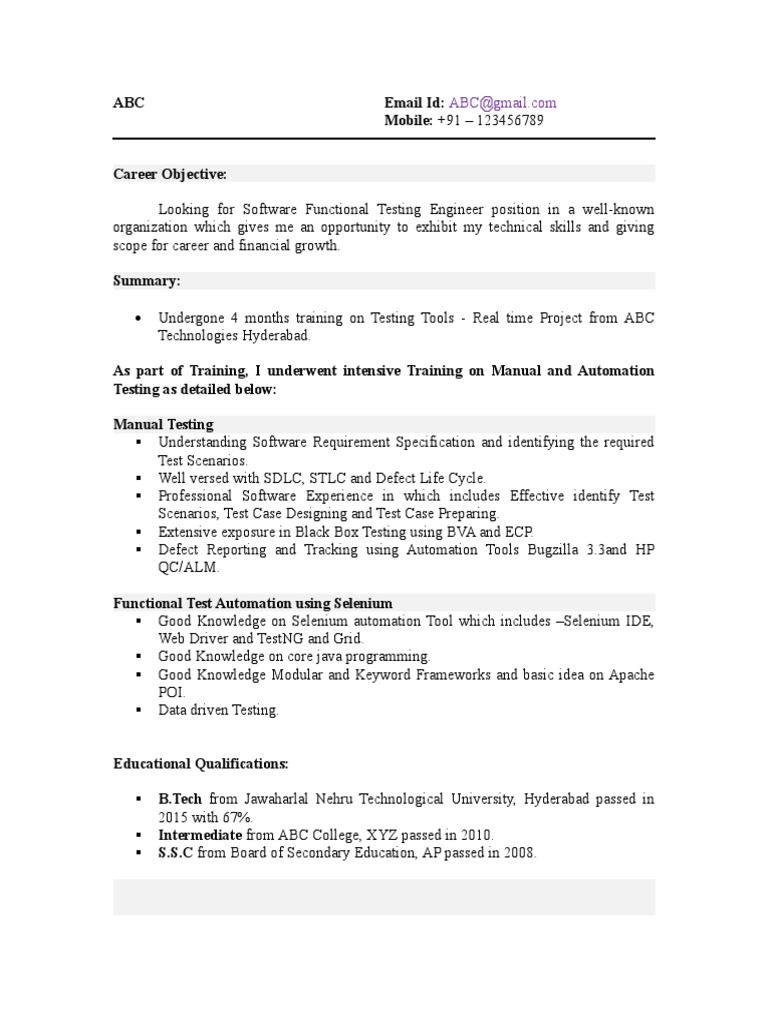 Automation Testing Resume for Freshers | PDF | Selenium (Software ...