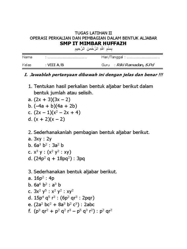 Tugas Latihan 2 Operasi Perkalian Dan Pembagian Aljabar