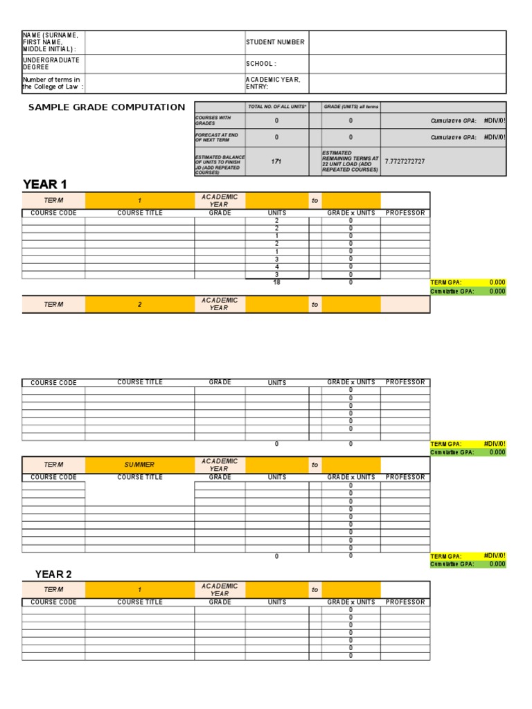 Year 1: Sample Grade Computation | PDF | Academic Term | Academia