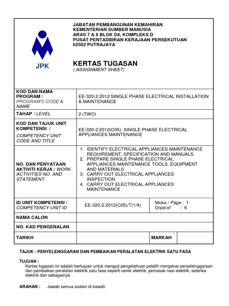 Ka 1 Pembaikan Dan Penyelenggaraan Peralatan Elektrik Satu Fasa Pdf