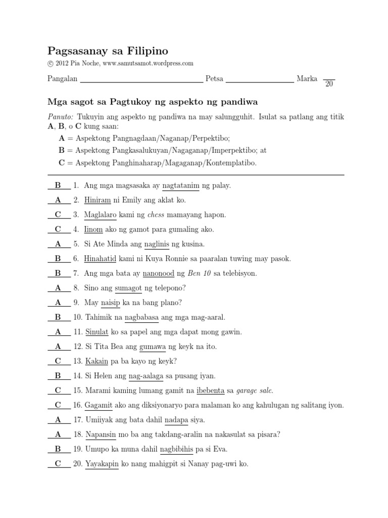 Mga Sagot Sa Aspekto Ng Pandiwa 11 Pdf