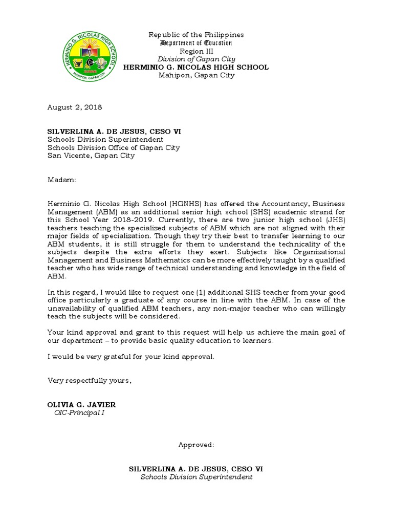 Request for Additional Teacher