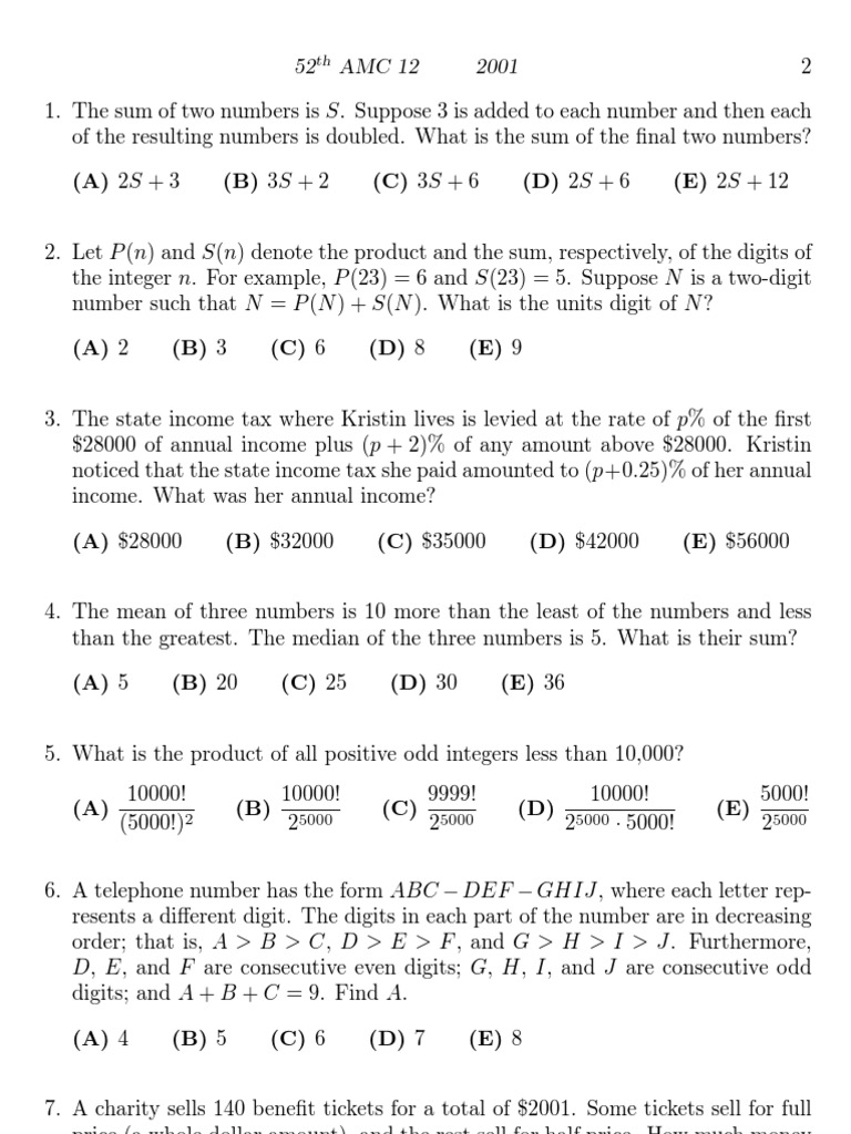 2001 AMC 12 Problems PDF Tetrahedron Quadratic Equation