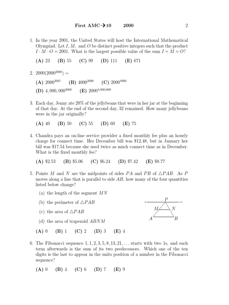 2000 AMC 10 Math Problems and Solutions | PDF | Elementary Mathematics ...