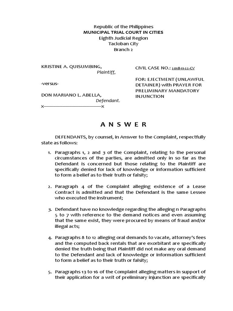 Ejectment Case Defense and Counterclaim | PDF | Lawsuit | Complaint