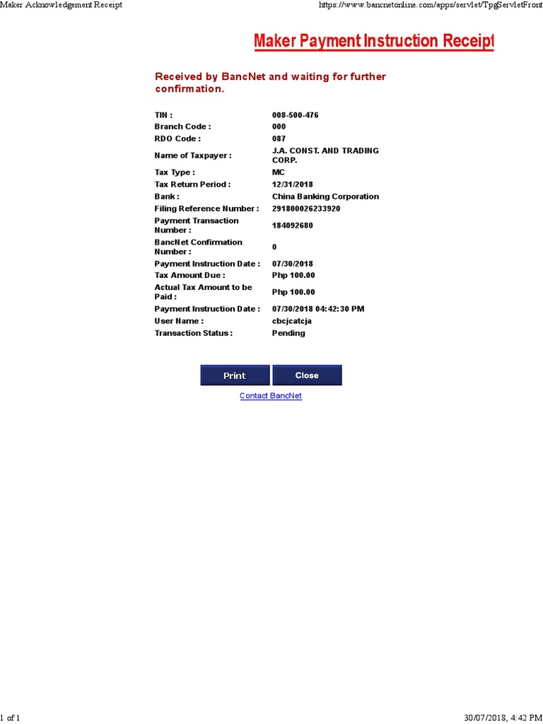 Maker Payment Instruction Receipt (291800026233920) | PDF