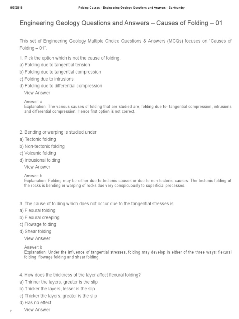 Folding Causes Engineering Geology Questions and Answers Sanfoundry