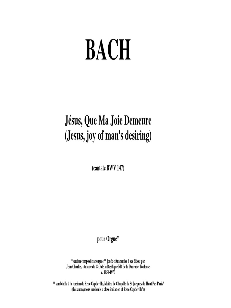 Jésus Que Ma Joie Demeure Partition Pdf IMSLP J - Sus - Que - Ma - Joie - Demeure PDF | PDF | Musique baroque |  Cantates