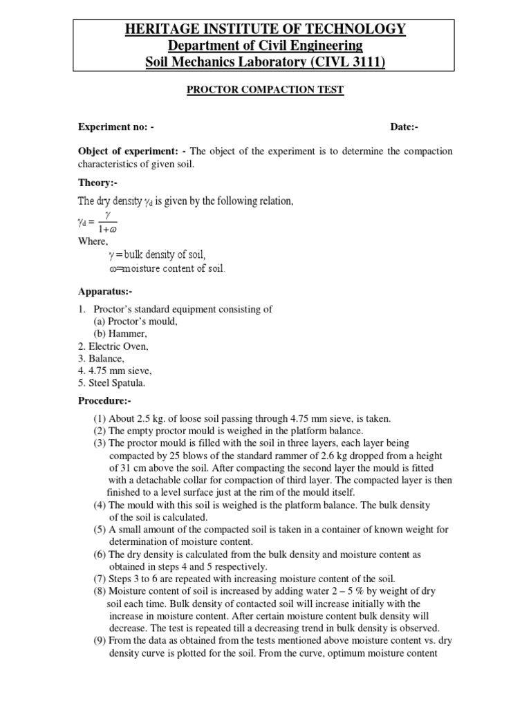 Proctor Compaction Test Procedure | PDF | Density | Soil