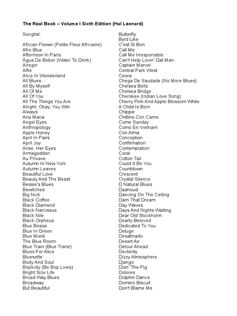 Hal Leonard The Real Book Volume I Songlist PDF