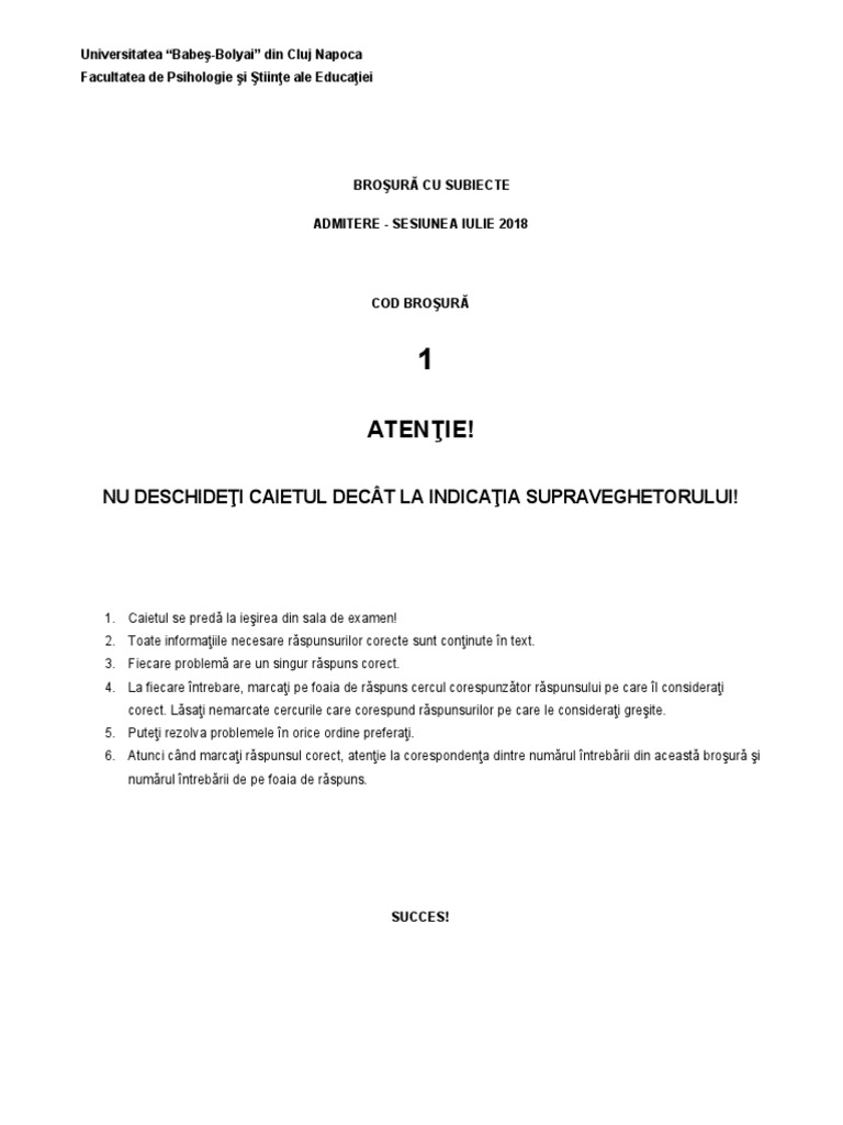 2018 Admitere Psihologie Teste Grila Pdf
