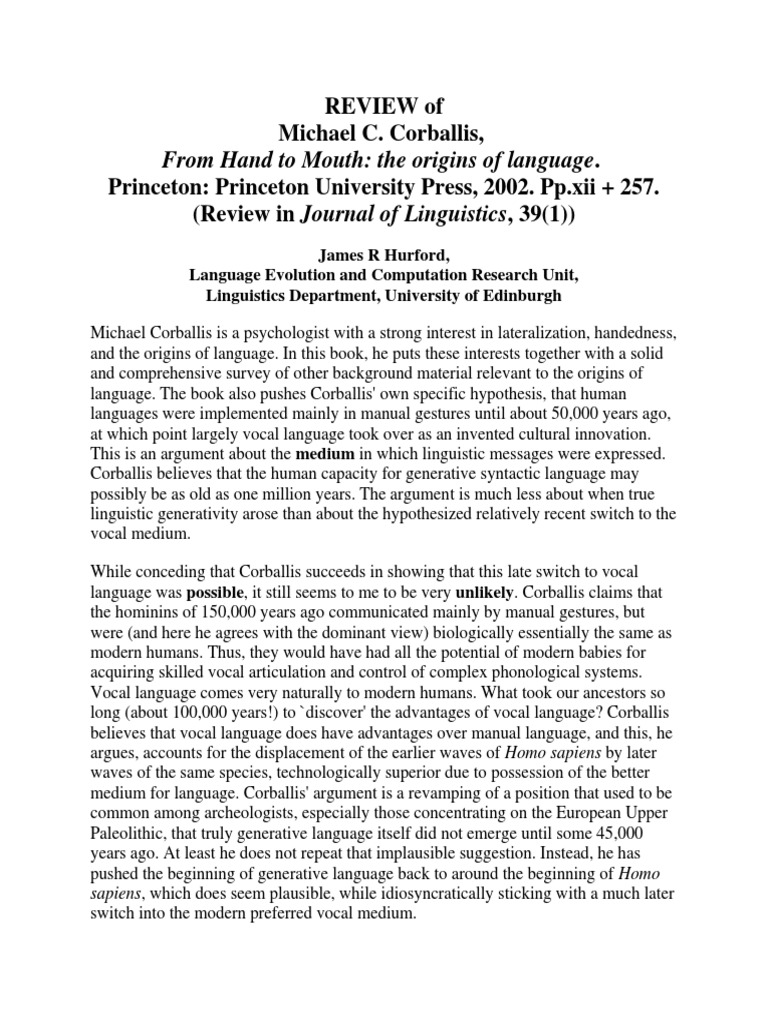 From Hand To Mouth The Origins of Language PDF Origin Of Language