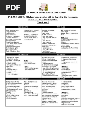 supply lists 2018