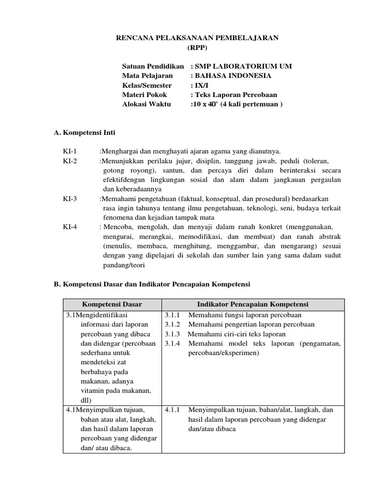 Rpp Bahasa Indonesia K13 Kelas 9 Materi Laporan Percobaan Kumpulan