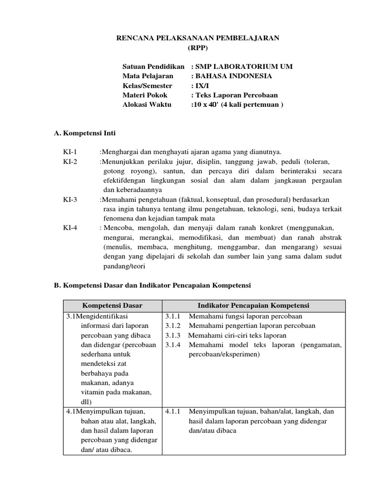 Rpp Laporan Percobaan Kelas Ix K13 Bindo