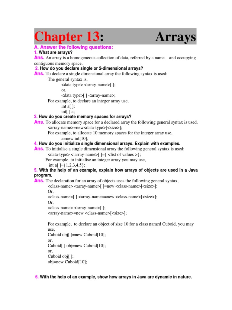 Arrays: A. Answer The Following Questions: Ans | Download Free PDF ...