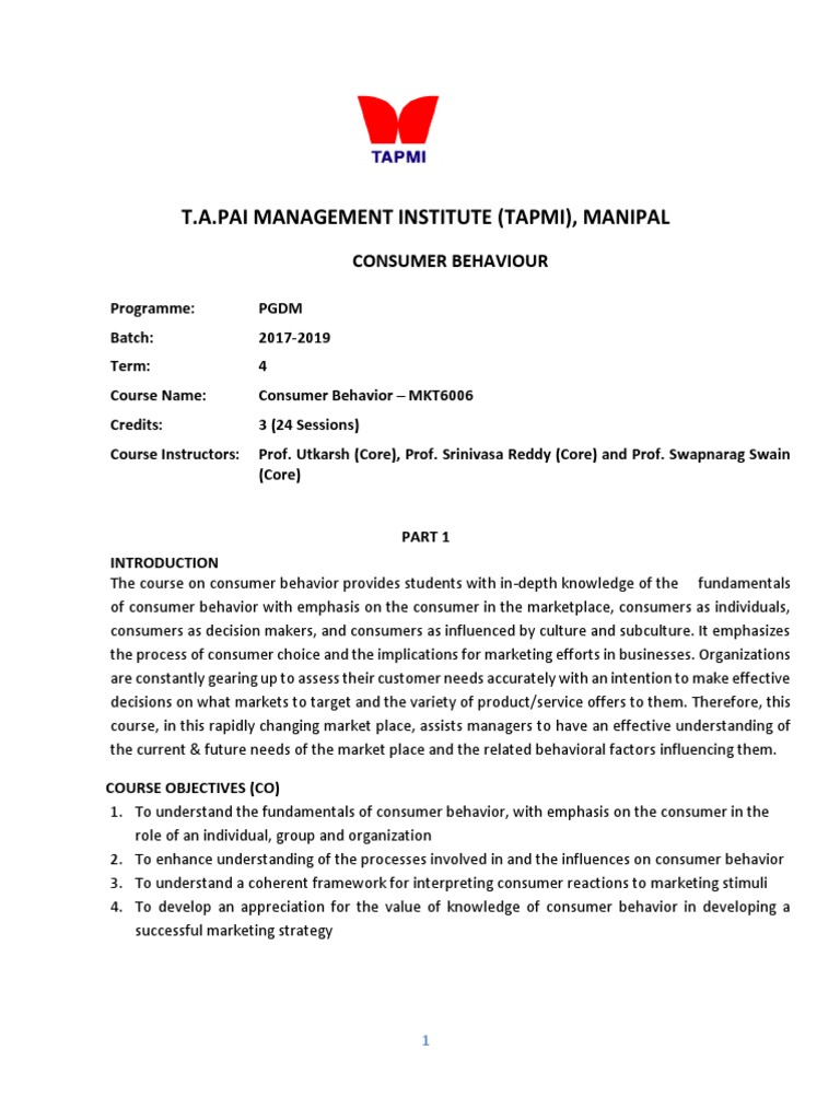 Consumer Behavior Course Overview at TAPMI | PDF | Consumer Behaviour ...