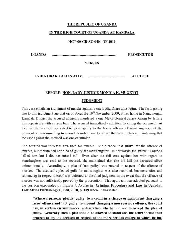 Uganda v. Lydia Draru: Murder Case | PDF | Plea | Burden Of Proof (Law)