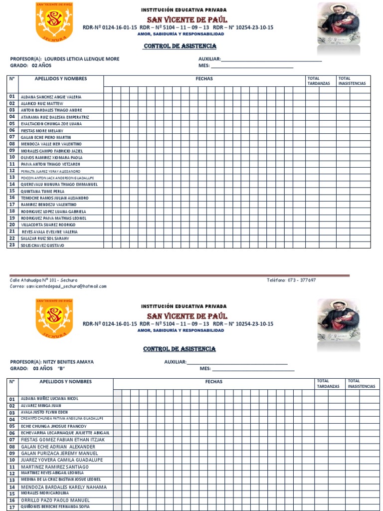 Formatos de Control de Asistencia Inicial Primaria y Secundaria | PDF