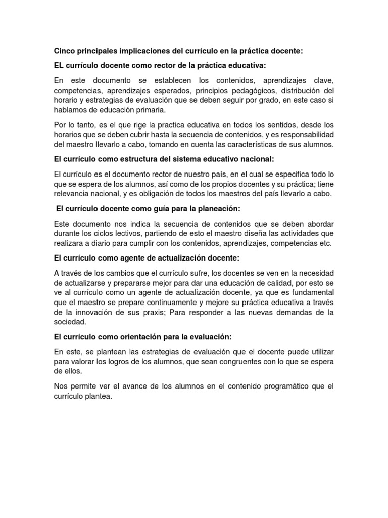 5 Implicaciones Del Curriculo en La Practica Docente | PDF