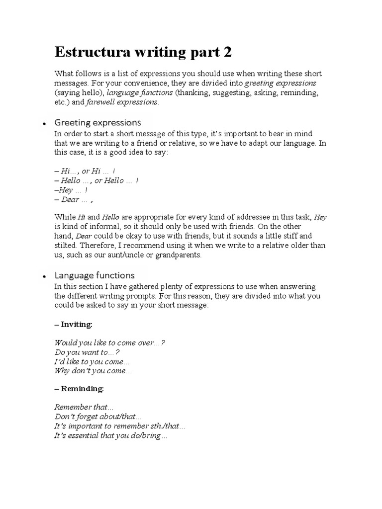 Estructura Writing Part 2: Greeting Expressions | PDF
