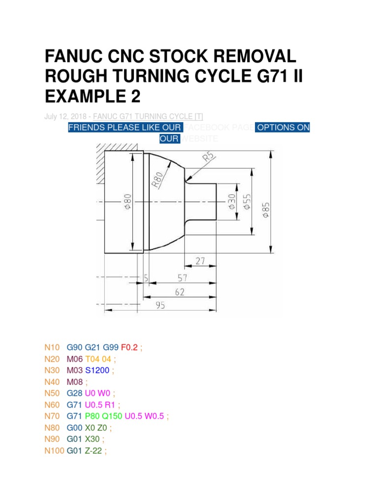 Fanuc CNC Stock Removal Rough Turning Cycle g71 II Example 2 PDF