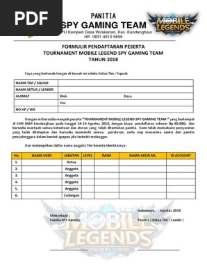 Formulir Pendaftaran Tournamen Mobile Legend
