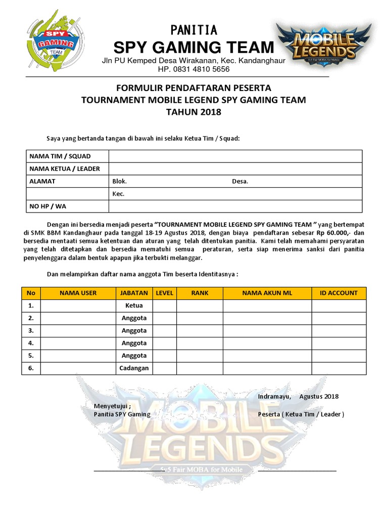 Formulir Pendaftaran Tournamen Mobile Legend