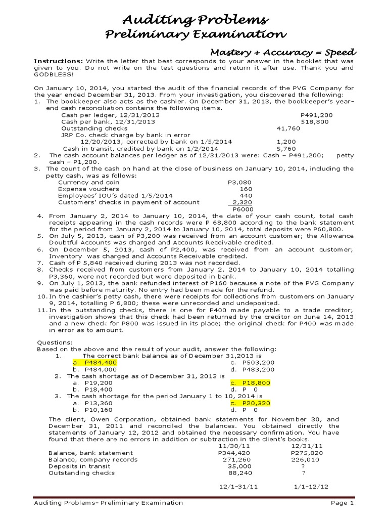 Auditing Problems: Preliminary Exam Guide | PDF | Bookkeeping | Interest