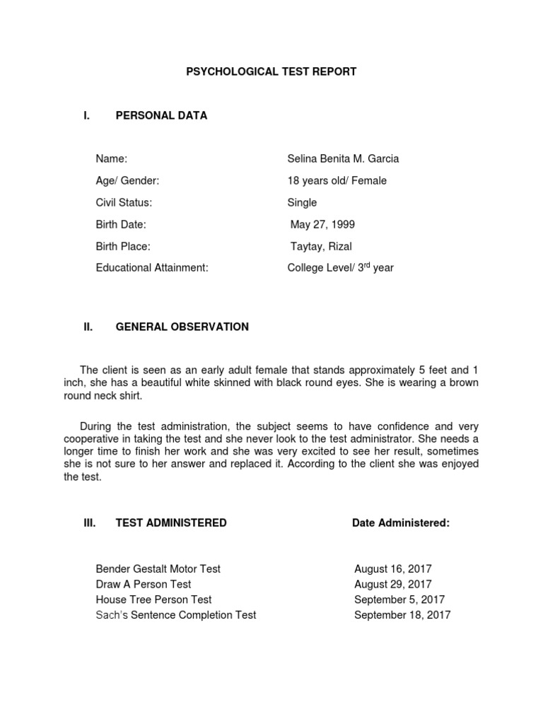 Psychological Test Report for Selina Garcia | PDF | Id | Narcissism