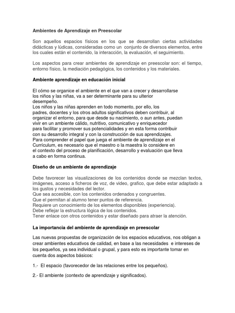 Ambientes de Aprendizaje en Preescolar | PDF | Educación de la primera ...