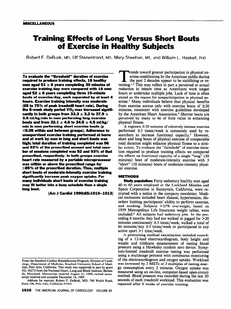Training Effects Of Long Versus Short Bouts Of Exercise In Healthy