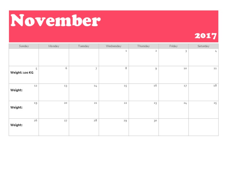November: Sunday Monday Tuesday Wednesday Thursday Friday Saturday | PDF