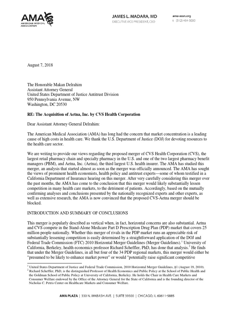AMA Letter To DOJ Regarding CVS Aetna Merger | PDF | Medicare Part D |  Medicare (United States)