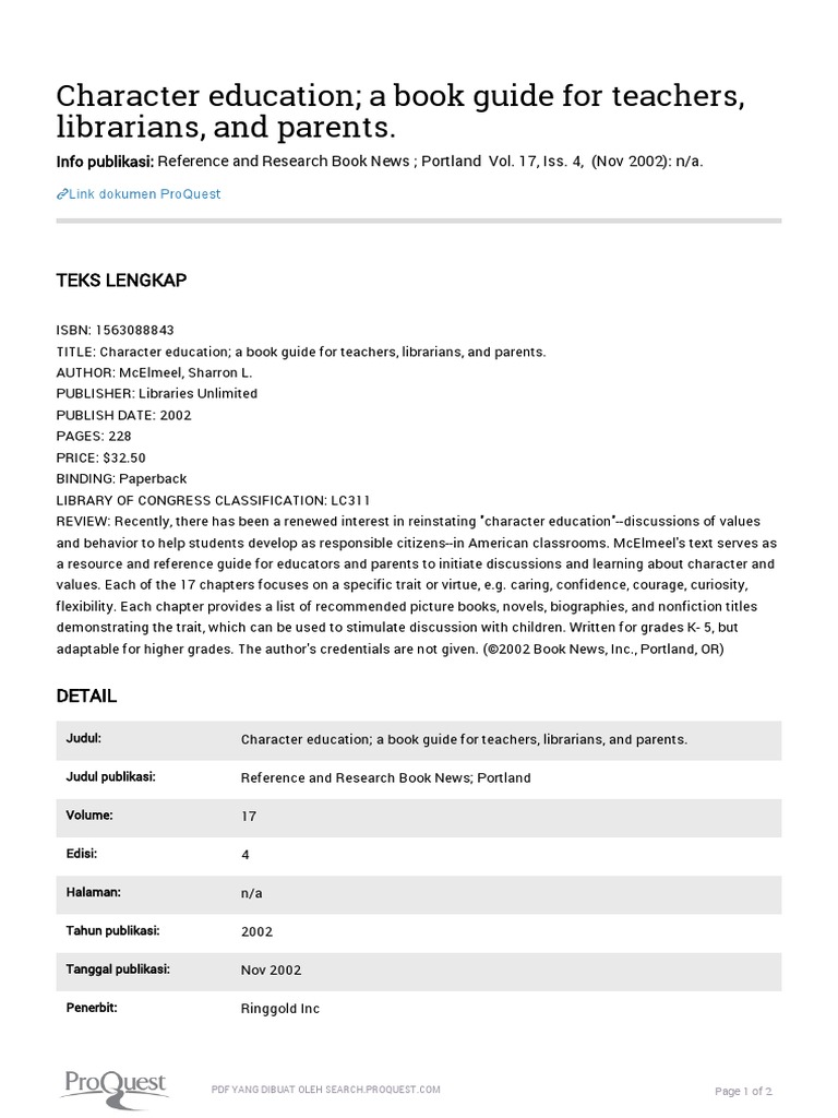 Character Education A Book Guide For Teachers, Librarians, and Parents ...
