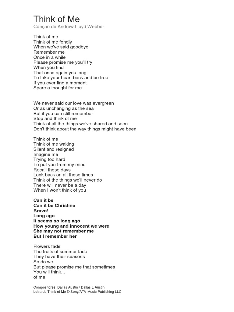 Think of Me Lyrics by Andrew Lloyd Webber | PDF