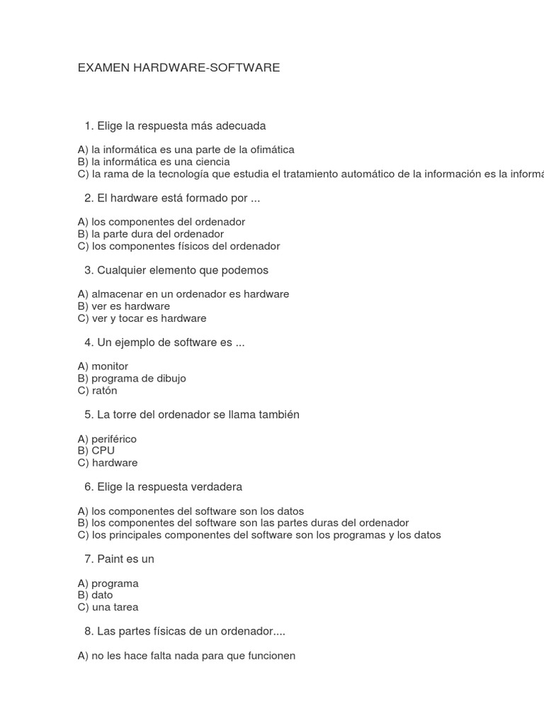 Examen de Hardware y Software Básico | PDF | Hardware de la computadora ...