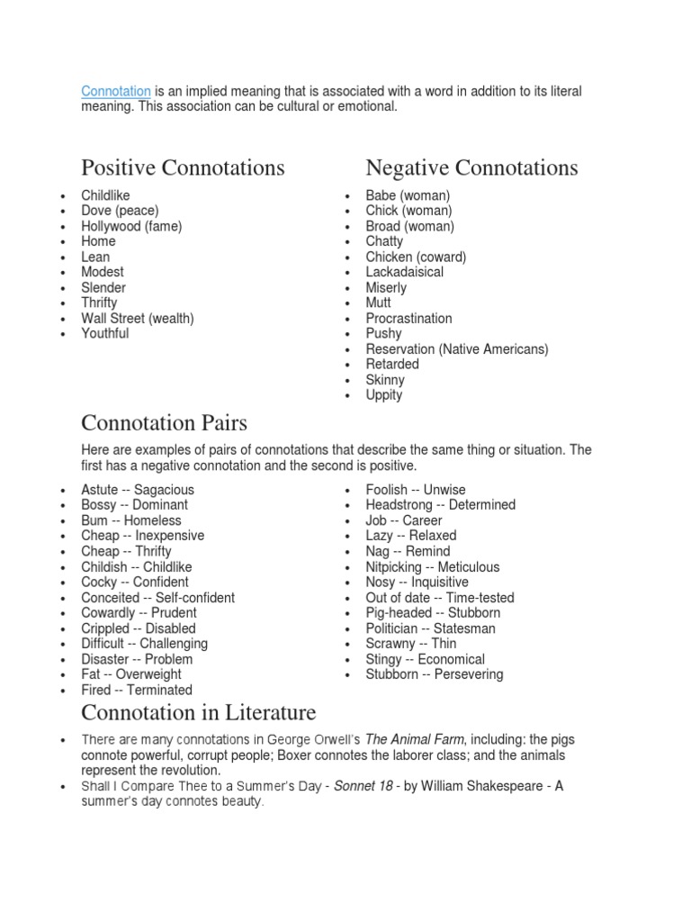 Positive Connotations Negative Connotations: Connotation | PDF