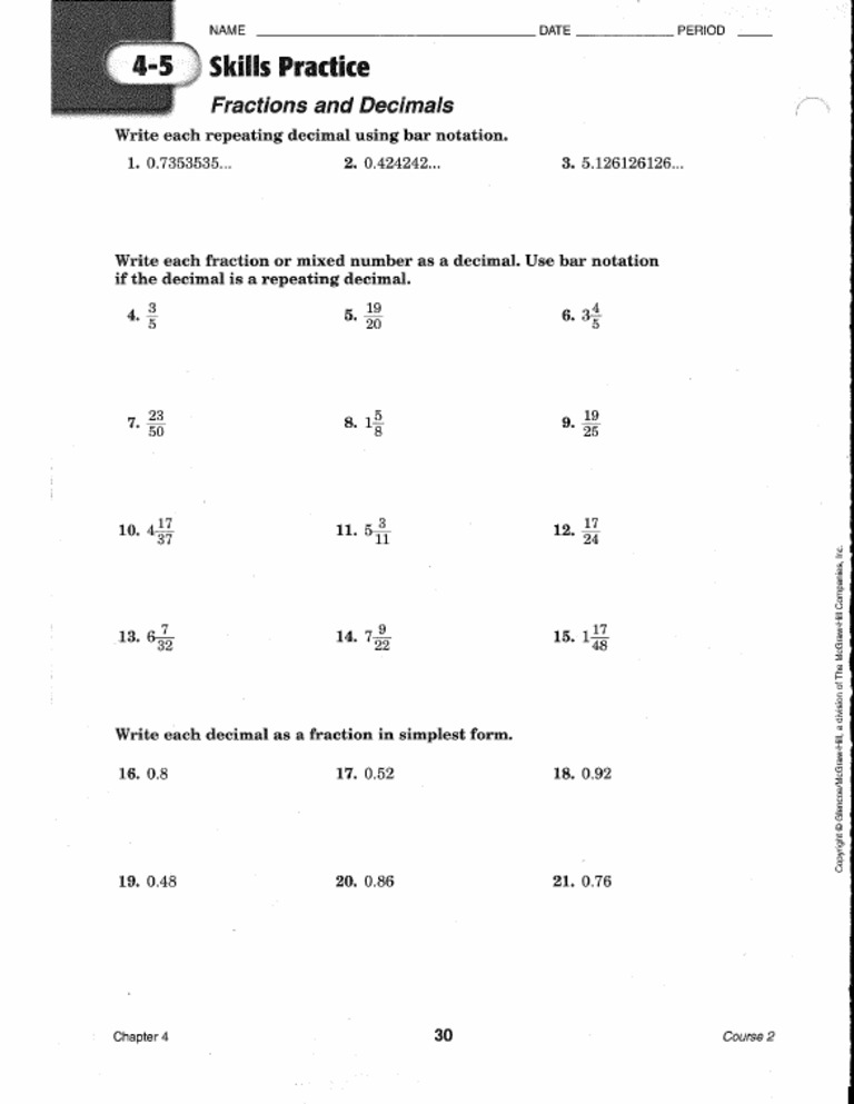 Terminating and Repeating Decimals Worksheet PDF